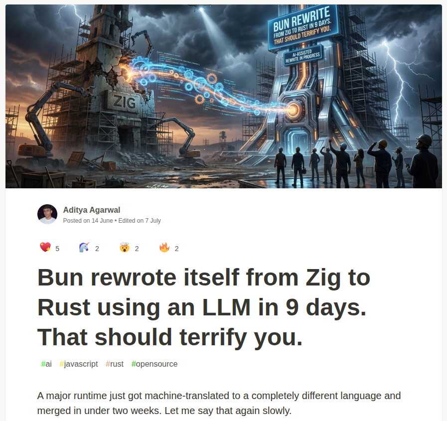 Zig의 간판이었던 Bun, Rust 재작성 8개월 차 — 62만 줄 중 38%가 넘어갔습니다