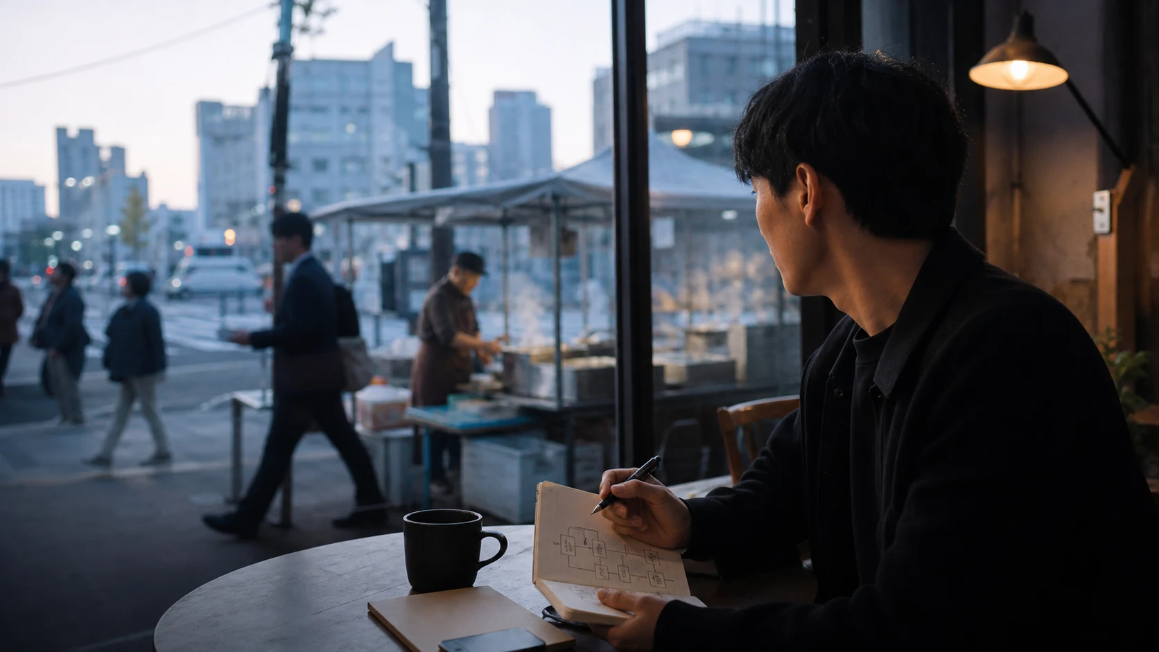 새벽 도심의 사람들을 관찰하며 돈을 낼 문제를 찾는 장면