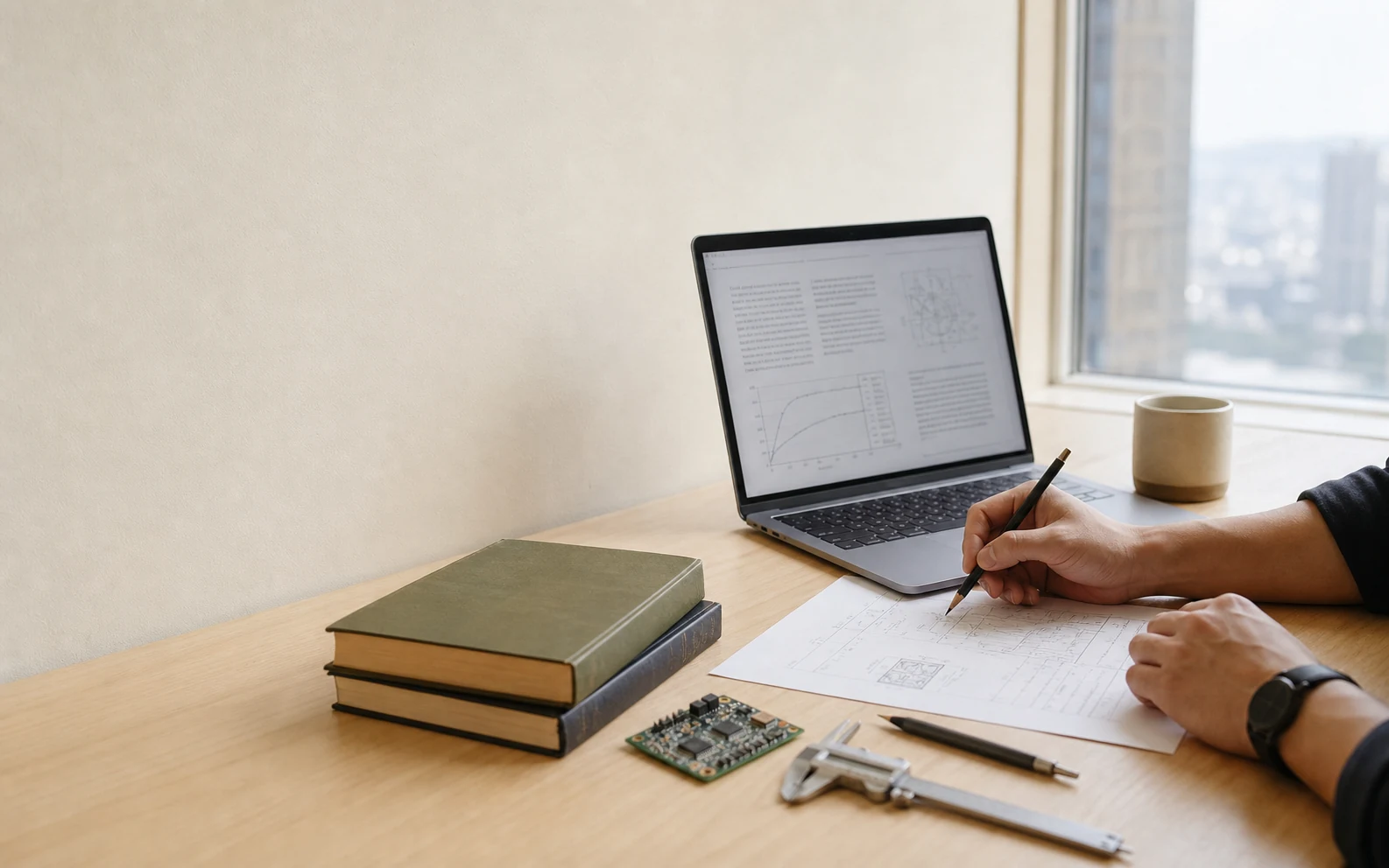 자연광이 드는 작업실에서 기술 자료를 읽고 다음 아이디어를 기록하는 장면